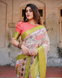 Load image into Gallery viewer, Pastel Tussar Silk Saree with Lime Green Zari Border and Hand-Painted Heritage Designs DIGITAL PRINT