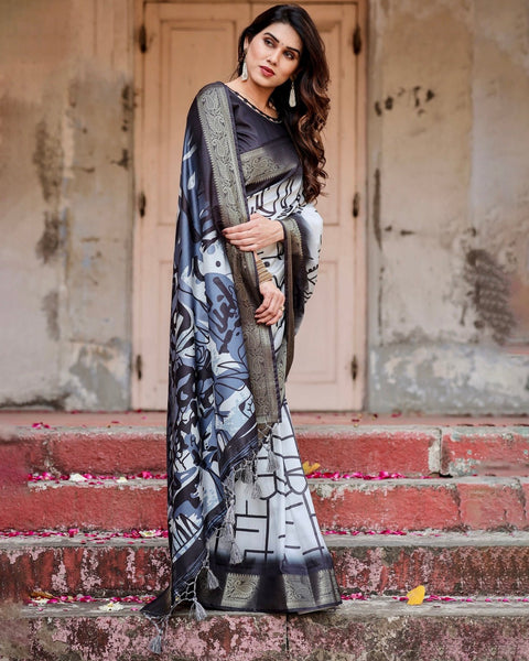 Monochrome Abstract Tussar Silk Saree with Charcoal Gray Zari Border DIGITAL PRINT Main image