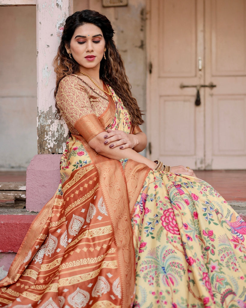 Golden Beige Tussar Silk Saree with Floral Paradise Print and Ornate Zari Border DIGITAL PRINT