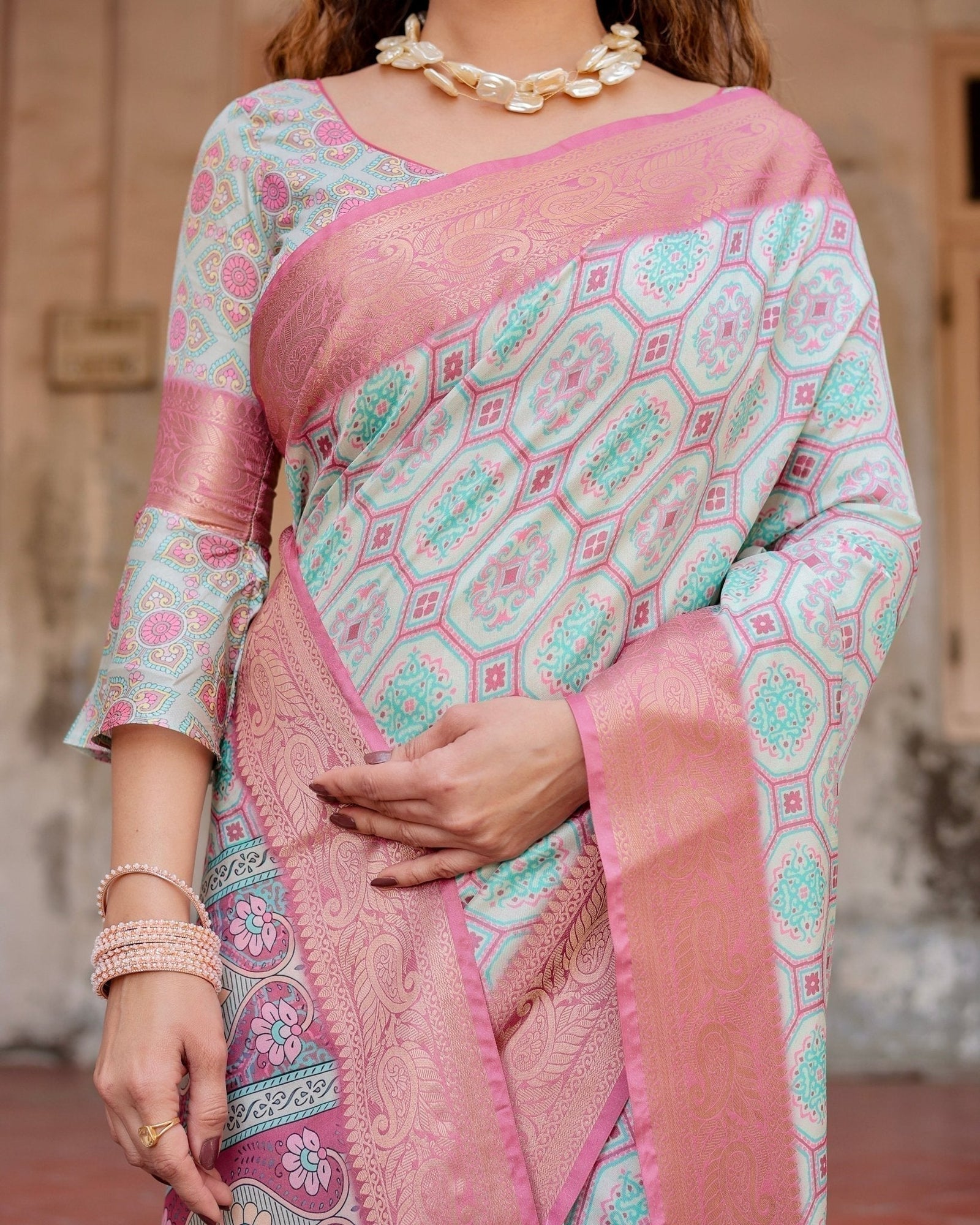 Pastel Pink and Mint Green Geometric Tussar Silk Saree with Zari Paisley Border DIGITAL PRINT