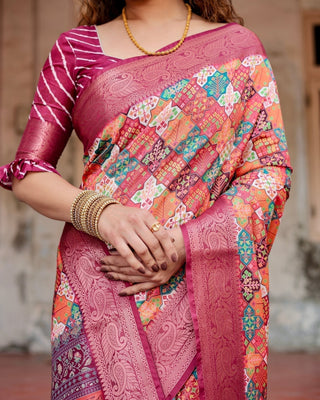 Maroon Tussar Silk Saree with Vibrant Geometric Tile Print and Zari Paisley Border DIGITAL PRINT