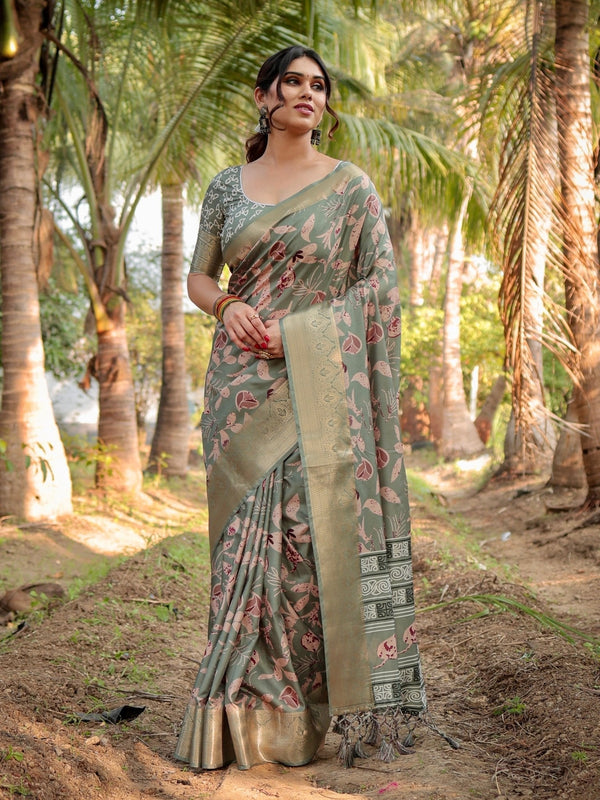 Graceful Olive Green Tussar Silk Saree with Intricate Beige and Maroon Botanical Print and Zari Border DIGITAL PRINT