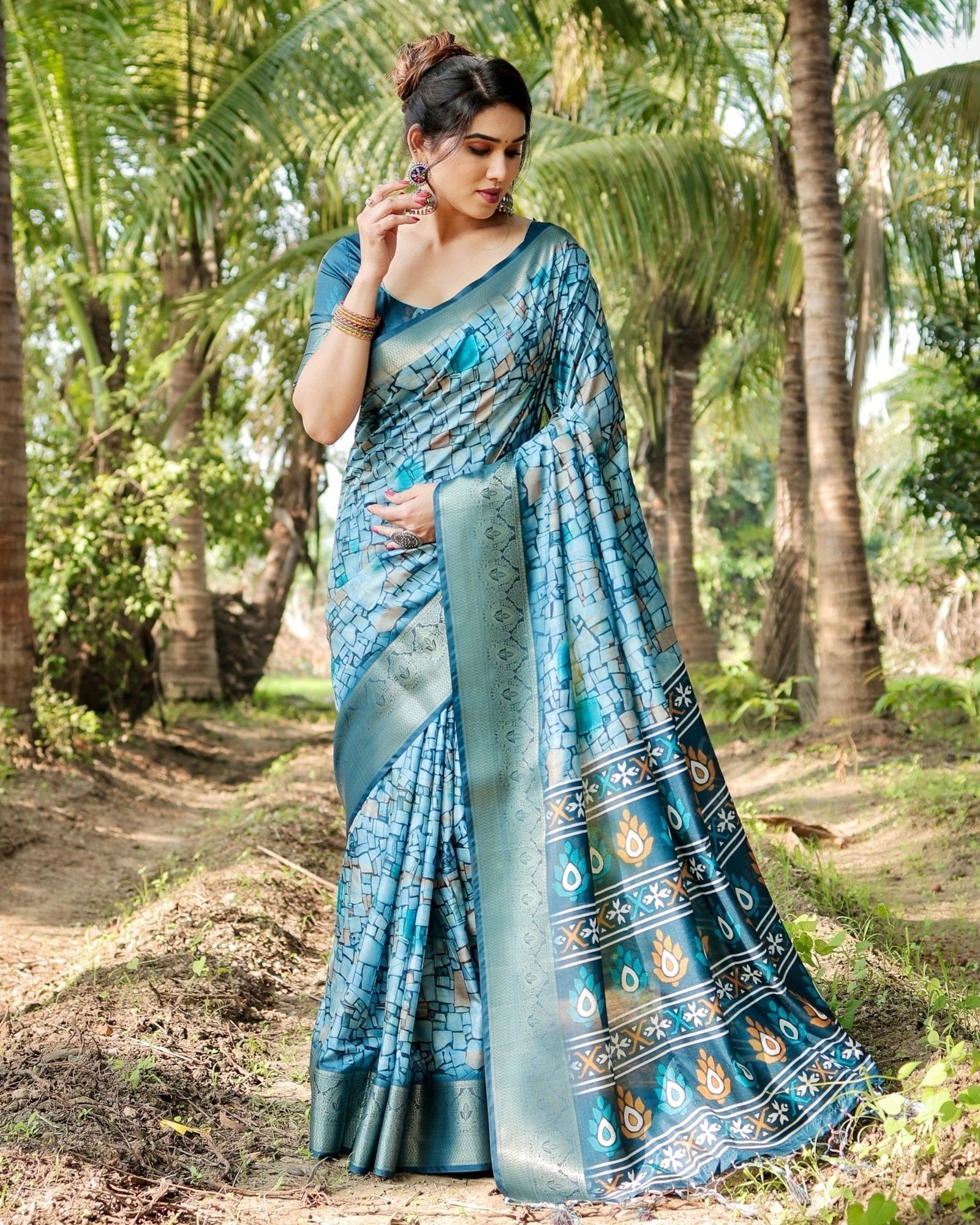 Mesmerizing Blue Tussar Silk Saree with Golden Zari Border and Mosaic-Inspired Pallu Design DIGITAL PRINT