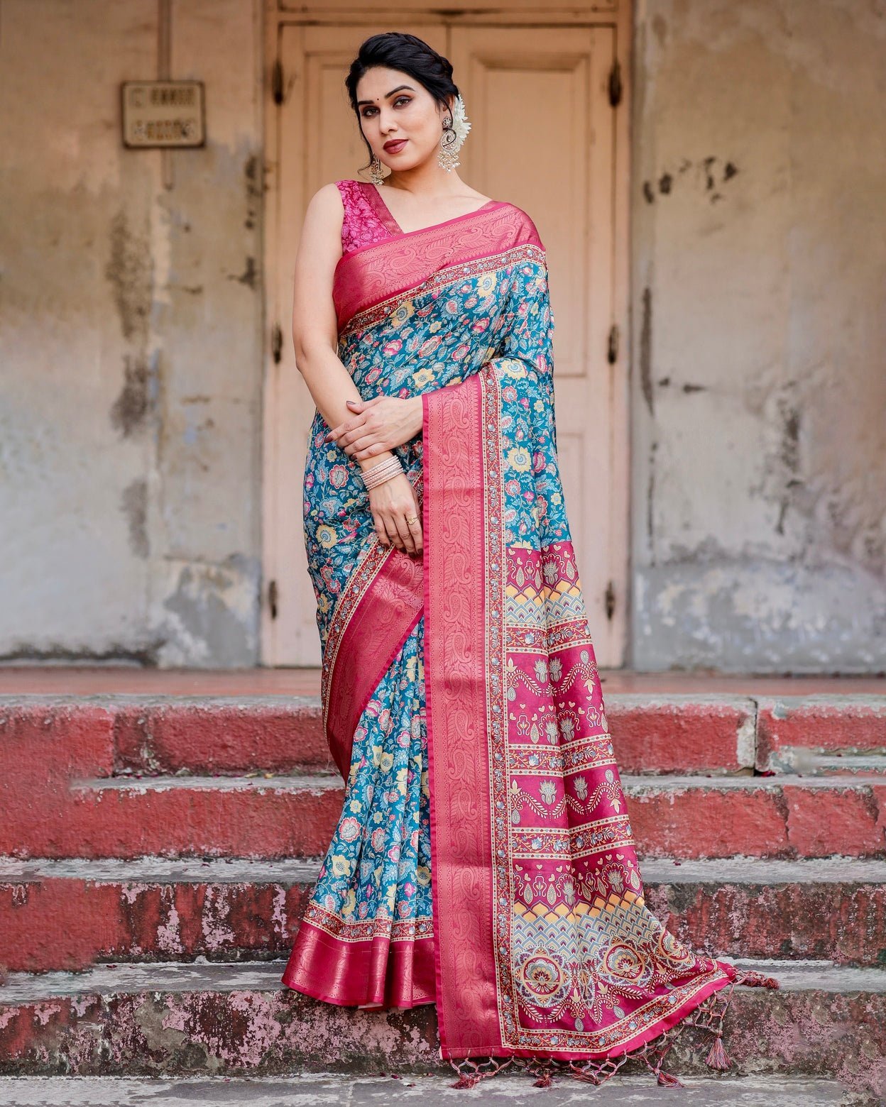 Teal Blue and Coral Tussar Silk Saree with Vibrant Floral Motifs and Ornamental Pallu Secondary image
