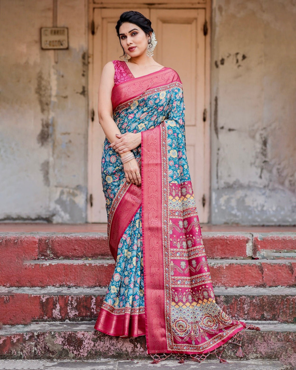 Teal Blue and Coral Tussar Silk Saree with Vibrant Floral Motifs and Ornamental Pallu DIGITAL PRINT Main image
