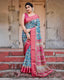 Teal Blue and Coral Tussar Silk Saree with Vibrant Floral Motifs and Ornamental Pallu DIGITAL PRINT