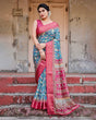 Load image into Gallery viewer, Teal Blue and Coral Tussar Silk Saree with Vibrant Floral Motifs and Ornamental Pallu DIGITAL PRINT