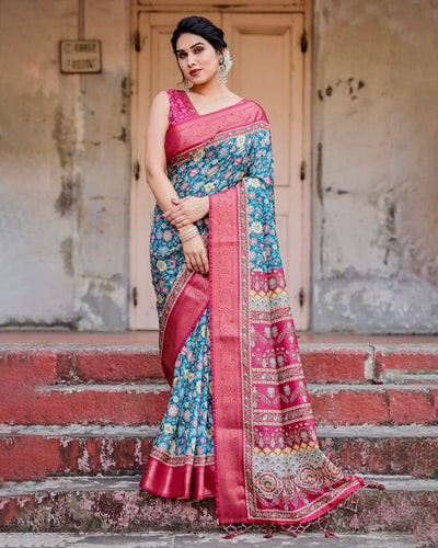 Teal Blue and Coral Tussar Silk Saree with Vibrant Floral Motifs and Ornamental Pallu DIGITAL PRINT