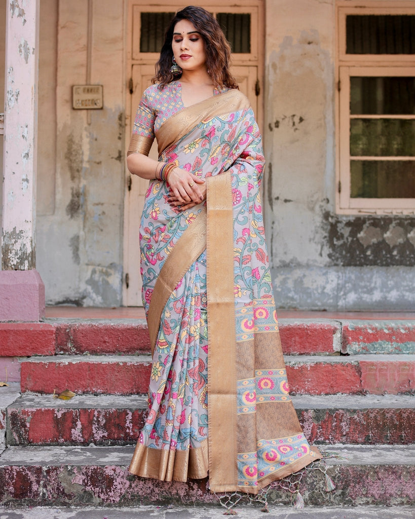 Exquisite Gray Floral Digital Print Saree with Golden Border and Ornamental Pallu DIGITAL PRINT
