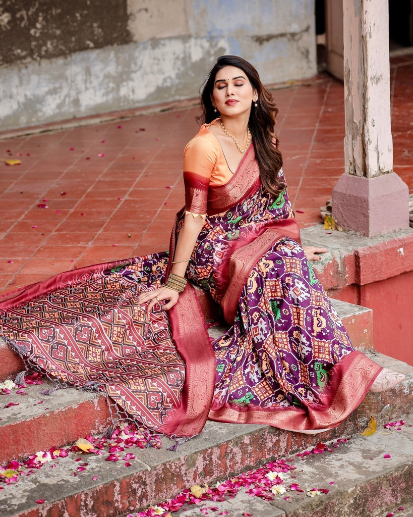 Wine Purple Tussar Silk Saree with Ikat-Inspired Patterns and Rich Zari Border DIGITAL PRINT