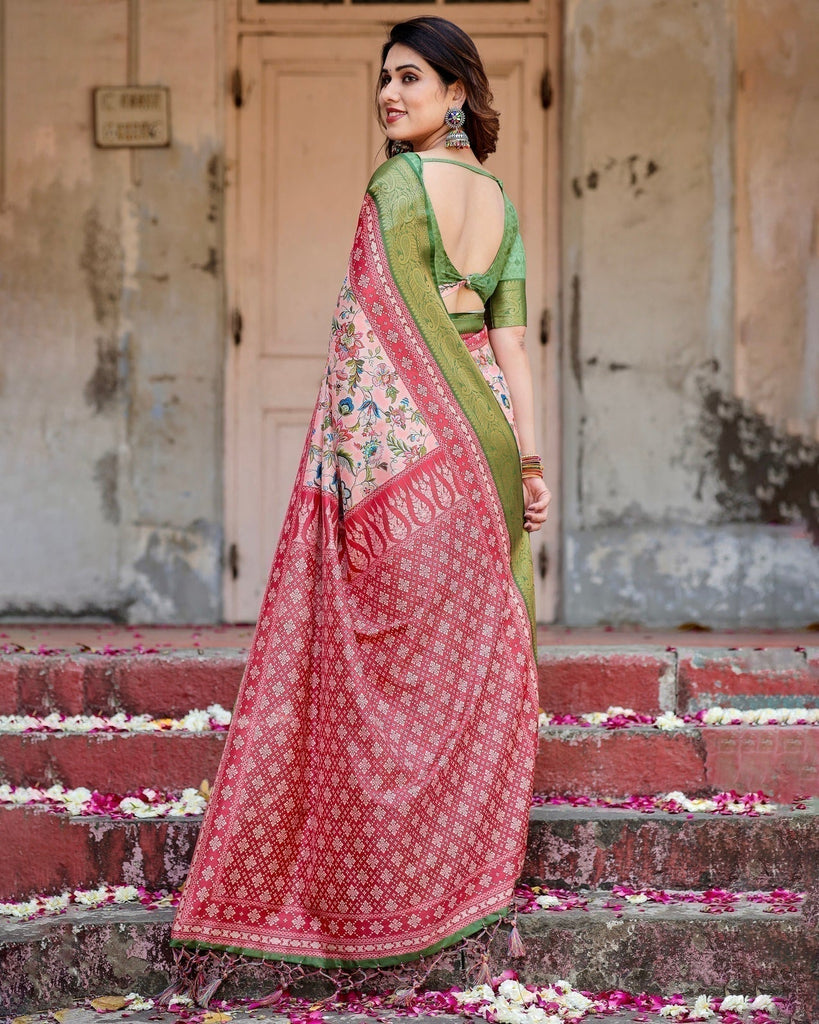 Blush Pink and Green Tussar Silk Saree with Floral Prints and Intricate Zari Work DIGITAL PRINT