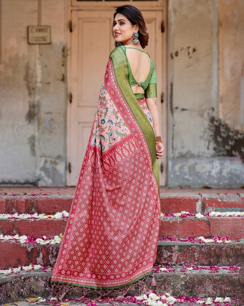 Blush Pink and Green Tussar Silk Saree with Floral Prints and Intricate Zari Work DIGITAL PRINT