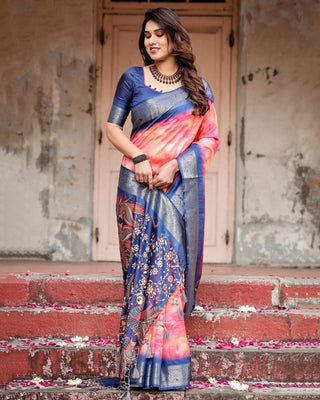 Pink and Blue Digital Printed Saree with Peacock Motif and Tassel Detail DIGITAL PRINT