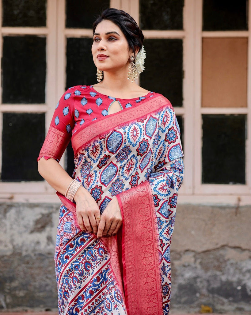 White and Red Tussar Silk Saree with Vibrant Floral Geometric Motifs and Ornamental Zari Border DIGITAL PRINT
