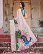 Load image into Gallery viewer, Soft Pastel Pink Tussar Silk Saree with Hand-Painted Peacock and Floral Motifs DIGITAL PRINT