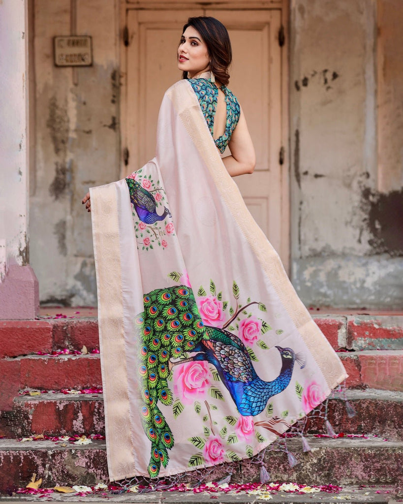 Soft Pastel Pink Tussar Silk Saree with Hand-Painted Peacock and Floral Motifs DIGITAL PRINT