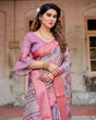 Load image into Gallery viewer, Graceful Grey Tussar Silk Saree with Pink Zari Border and Intricate Floral Motifs DIGITAL PRINT