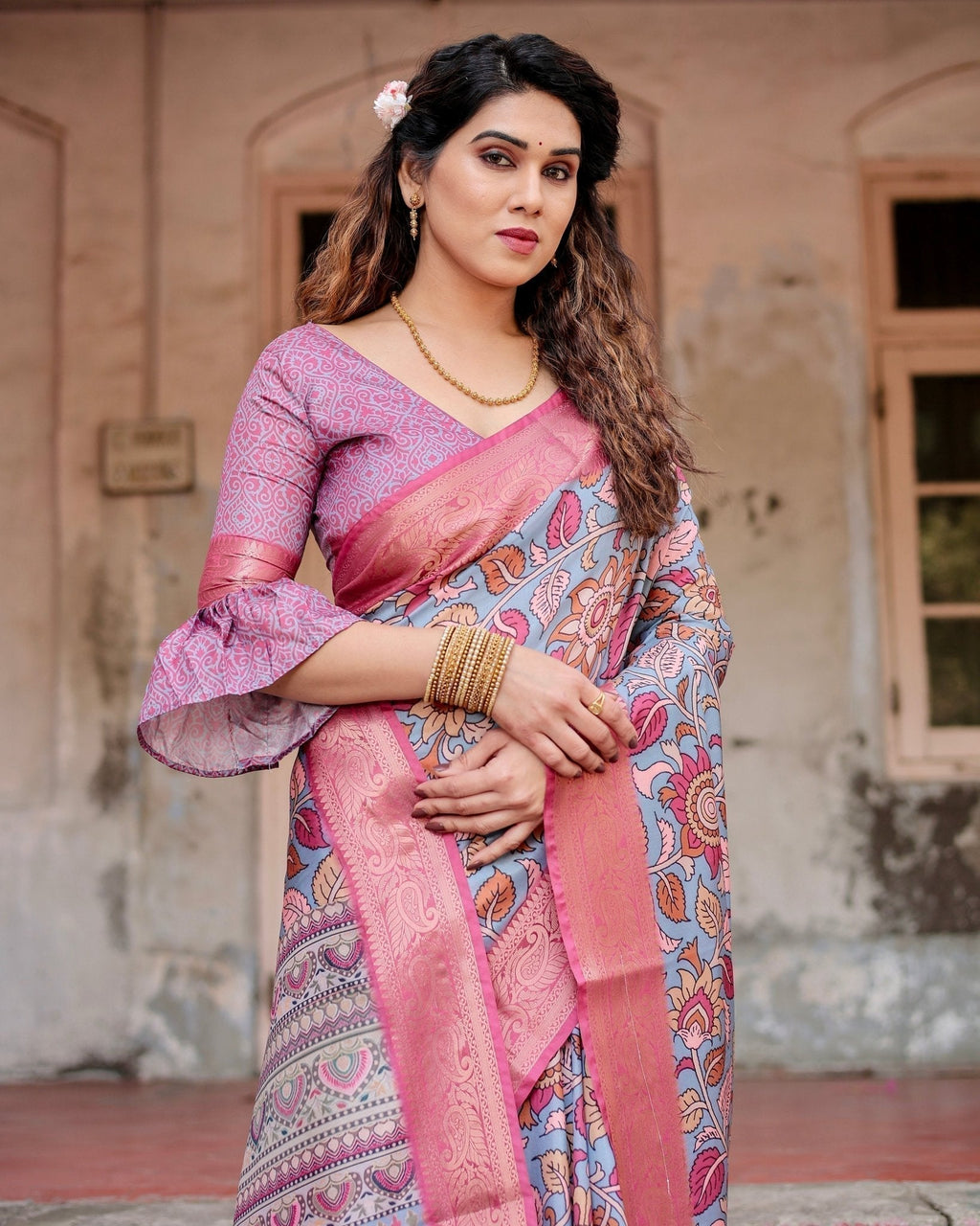 Graceful Grey Tussar Silk Saree with Pink Zari Border and Intricate Floral Motifs DIGITAL PRINT