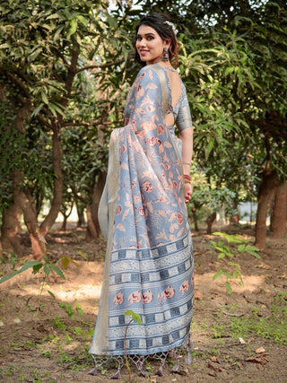 Stylish Sky Blue Tussar Silk Saree with Beige and Gold Zari Work and Contemporary Pallu Design DIGITAL PRINT