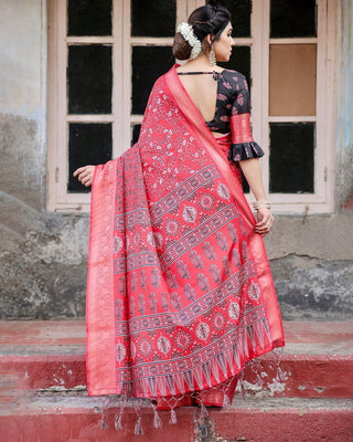 Fiery Red Tussar Silk Saree with Ornamental Motifs and Detailed Zari Pallu DIGITAL PRINT