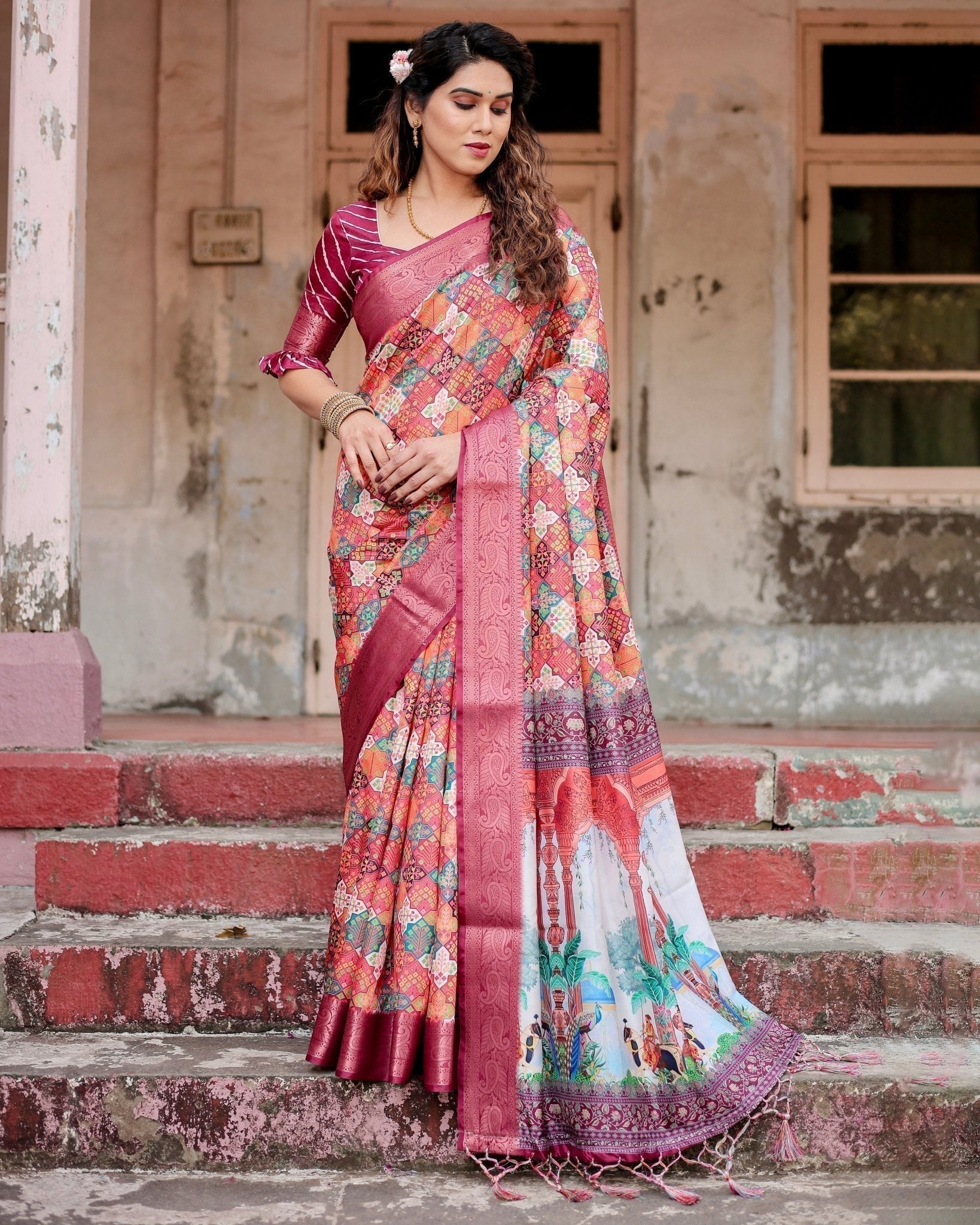 Maroon Tussar Silk Saree with Vibrant Geometric Tile Print and Zari Paisley Border DIGITAL PRINT Main image