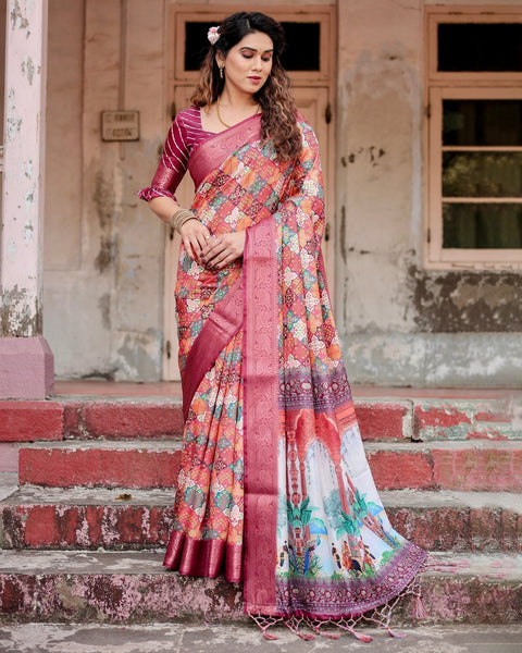 Maroon Tussar Silk Saree with Vibrant Geometric Tile Print and Zari Paisley Border DIGITAL PRINT Main image