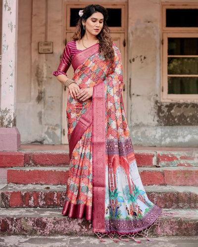 Maroon Tussar Silk Saree with Vibrant Geometric Tile Print and Zari Paisley Border DIGITAL PRINT