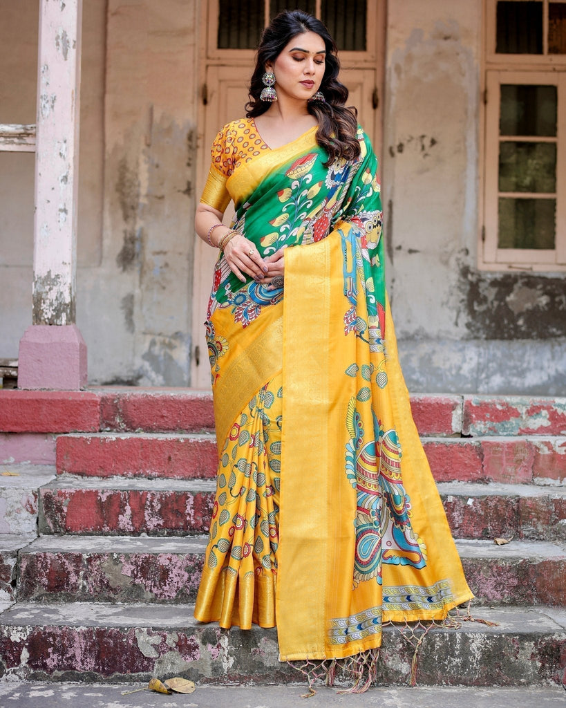 Golden Yellow Tussar Silk Saree with Vibrant Peacock Kalamkari Motifs DIGITAL PRINT