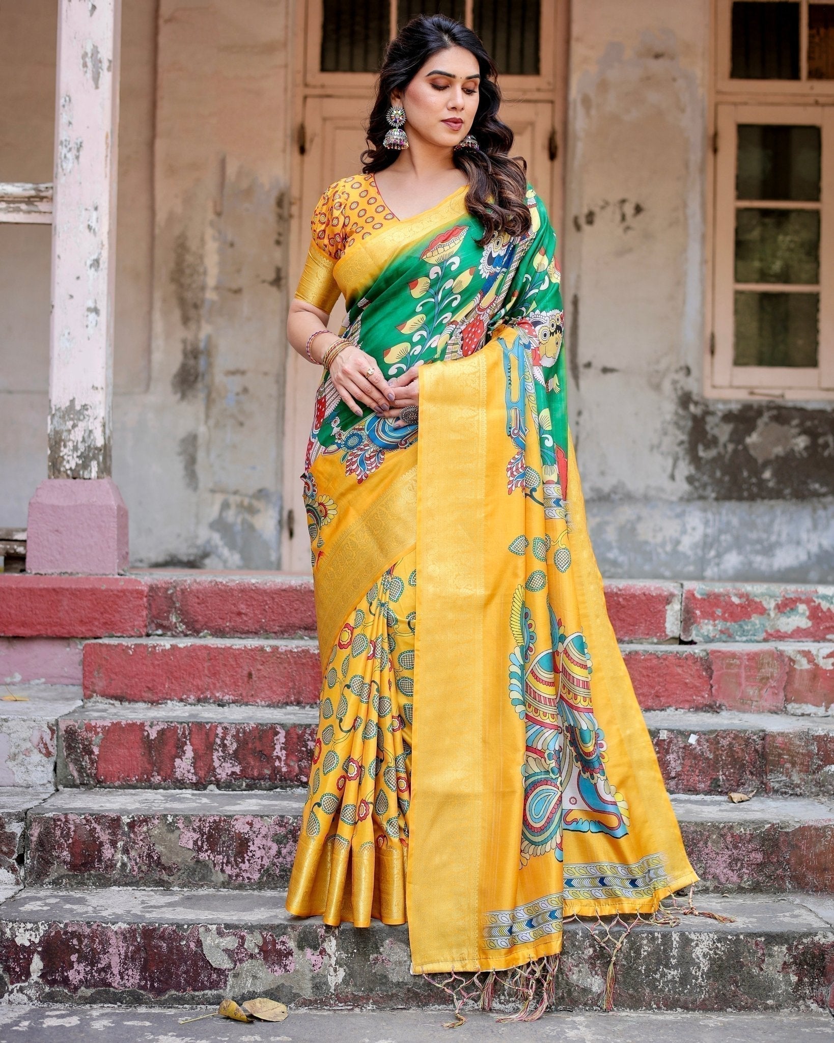 Golden Yellow Tussar Silk Saree with Vibrant Peacock Kalamkari Motifs DIGITAL PRINT Main image