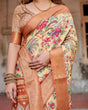 Load image into Gallery viewer, Golden Beige Tussar Silk Saree with Floral Paradise Print and Ornate Zari Border DIGITAL PRINT