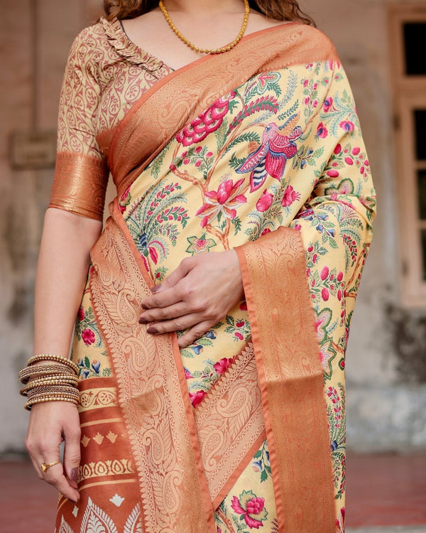 Golden Beige Tussar Silk Saree with Floral Paradise Print and Ornate Zari Border DIGITAL PRINT