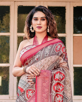 Beige and Red Tussar Silk Saree with Traditional Motifs and Ornamental Zari Border DIGITAL PRINT