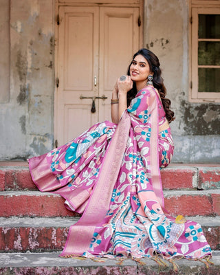 Blush Pink Tussar Silk Saree with Elegant Peacock and Floral Kalamkari Design DIGITAL PRINT