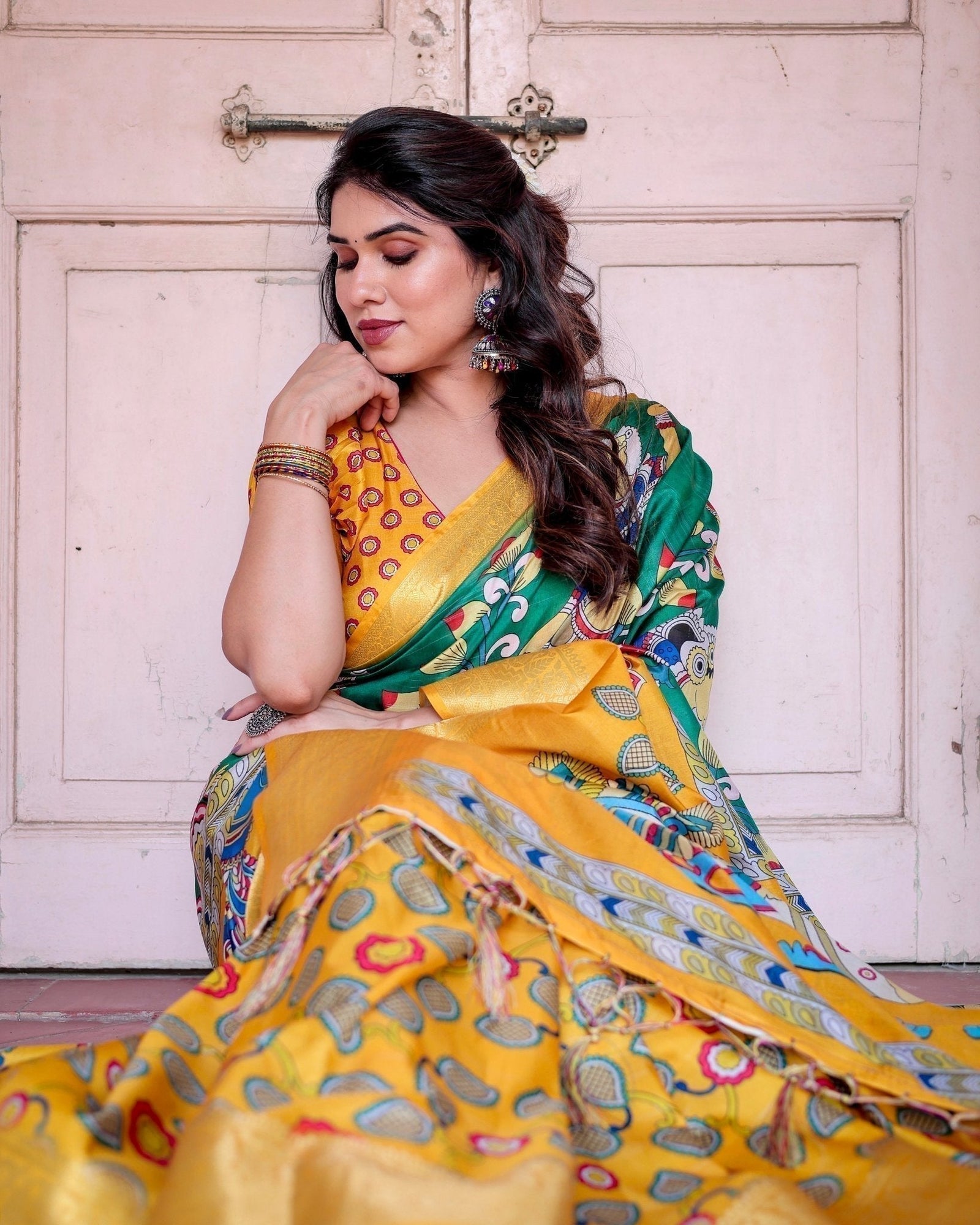 Golden Yellow Tussar Silk Saree with Vibrant Peacock Kalamkari Motifs DIGITAL PRINT