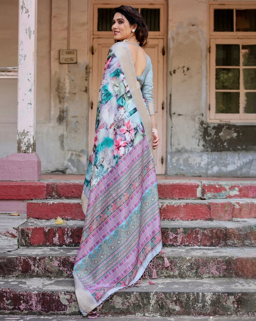 Graceful Floral Digital Print Saree with Gold Paisley Border and Multicolor Pallu DIGITAL PRINT