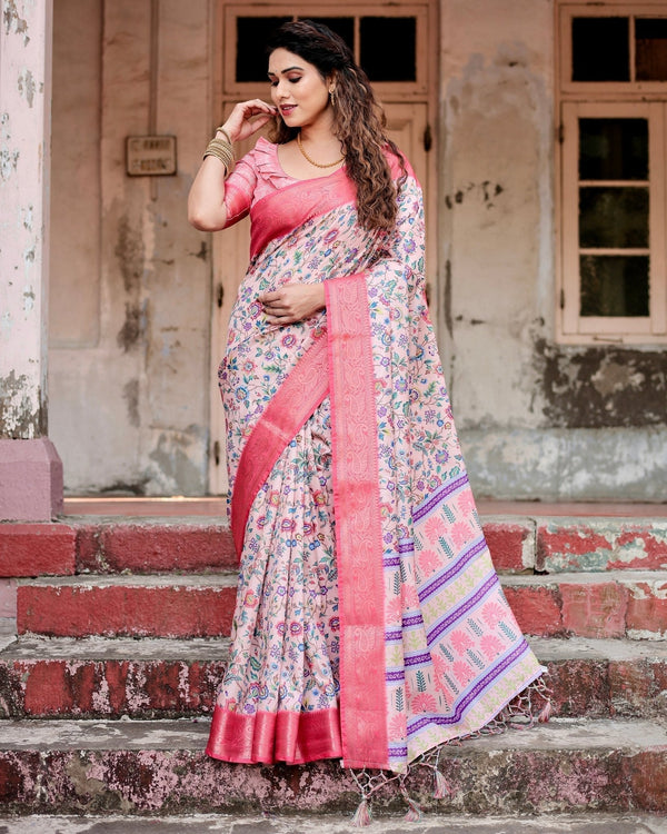 Blush Pink Tussar Silk Saree with Multicolor Floral Design and Zari Paisley Border DIGITAL PRINT
