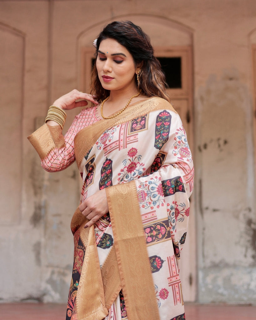 Ivory Tussar Silk Saree with Artistic Floral Motifs and Gleaming Golden Zari Border DIGITAL PRINT