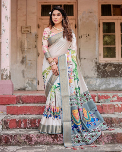 Ivory Tussar Silk Saree with Handcrafted Elephant Motif Pallu and Golden Zari Border DIGITAL PRINT