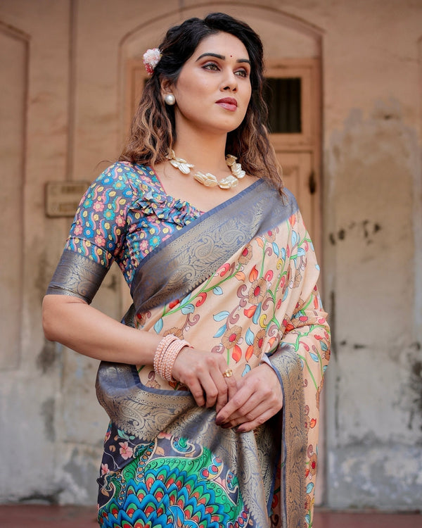 Peach and Navy Blue Floral Saree with Vibrant Peacock Pallu and Tassel Detailing DIGITAL PRINT