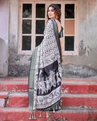 Monochrome White and Black Tussar Silk Saree with Tribal Art Motifs and Zari Border DIGITAL PRINT