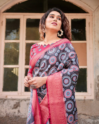 Black and Coral Tussar Silk Saree with Intricate Circular Motifs and Ornamental Pallu DIGITAL PRINT