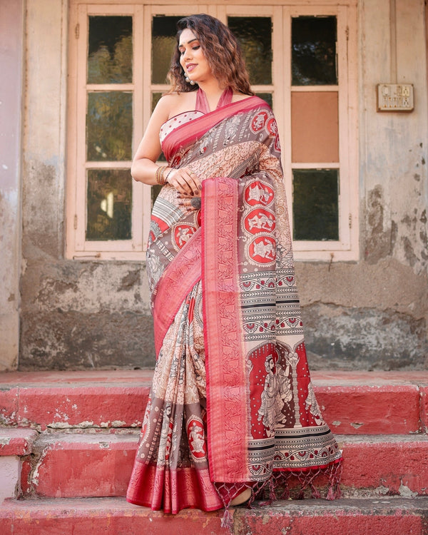 Beige and Red Tussar Silk Saree with Traditional Motifs and Ornamental Zari Border DIGITAL PRINT