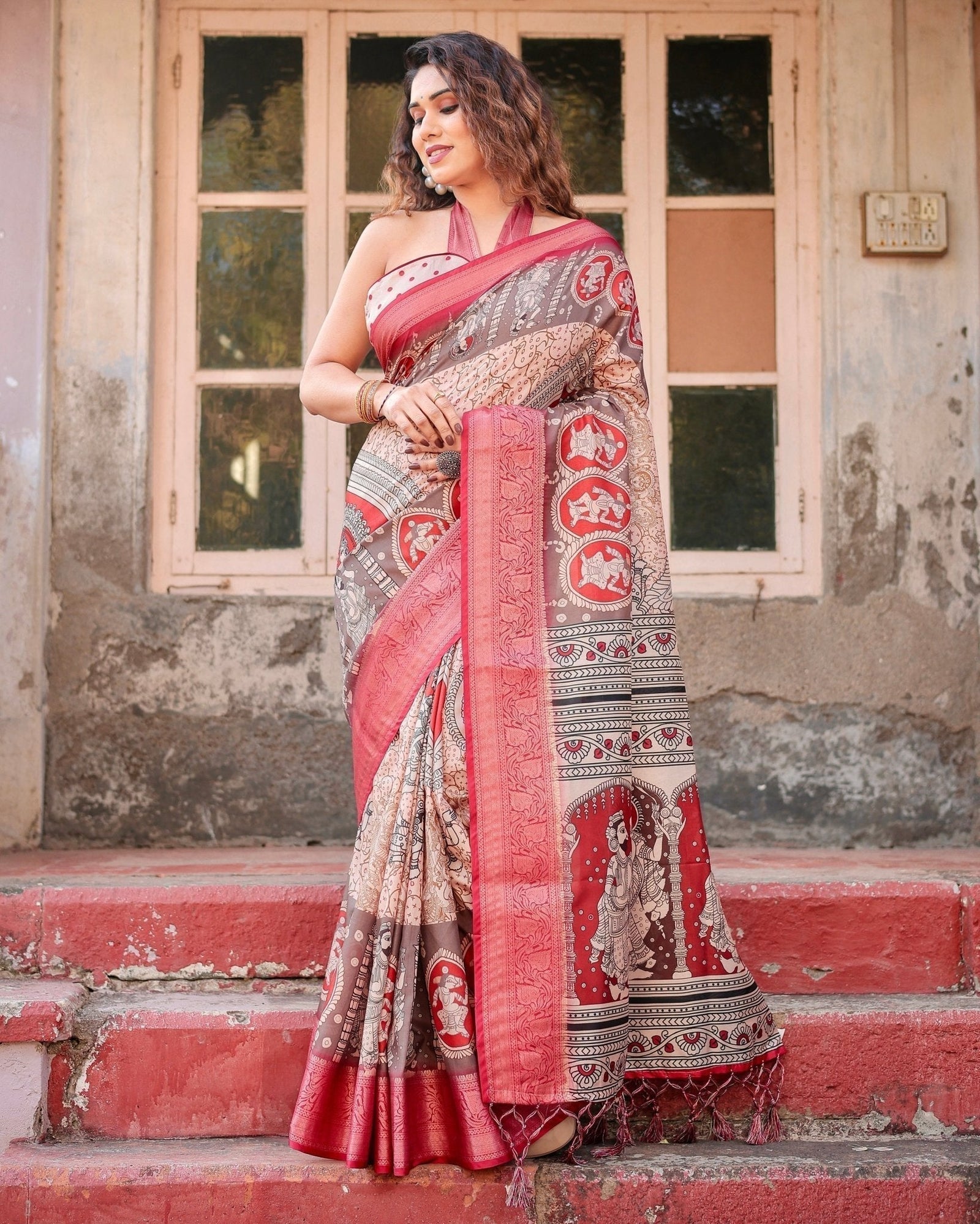Beige and Red Tussar Silk Saree with Traditional Motifs and Ornamental Zari Border DIGITAL PRINT