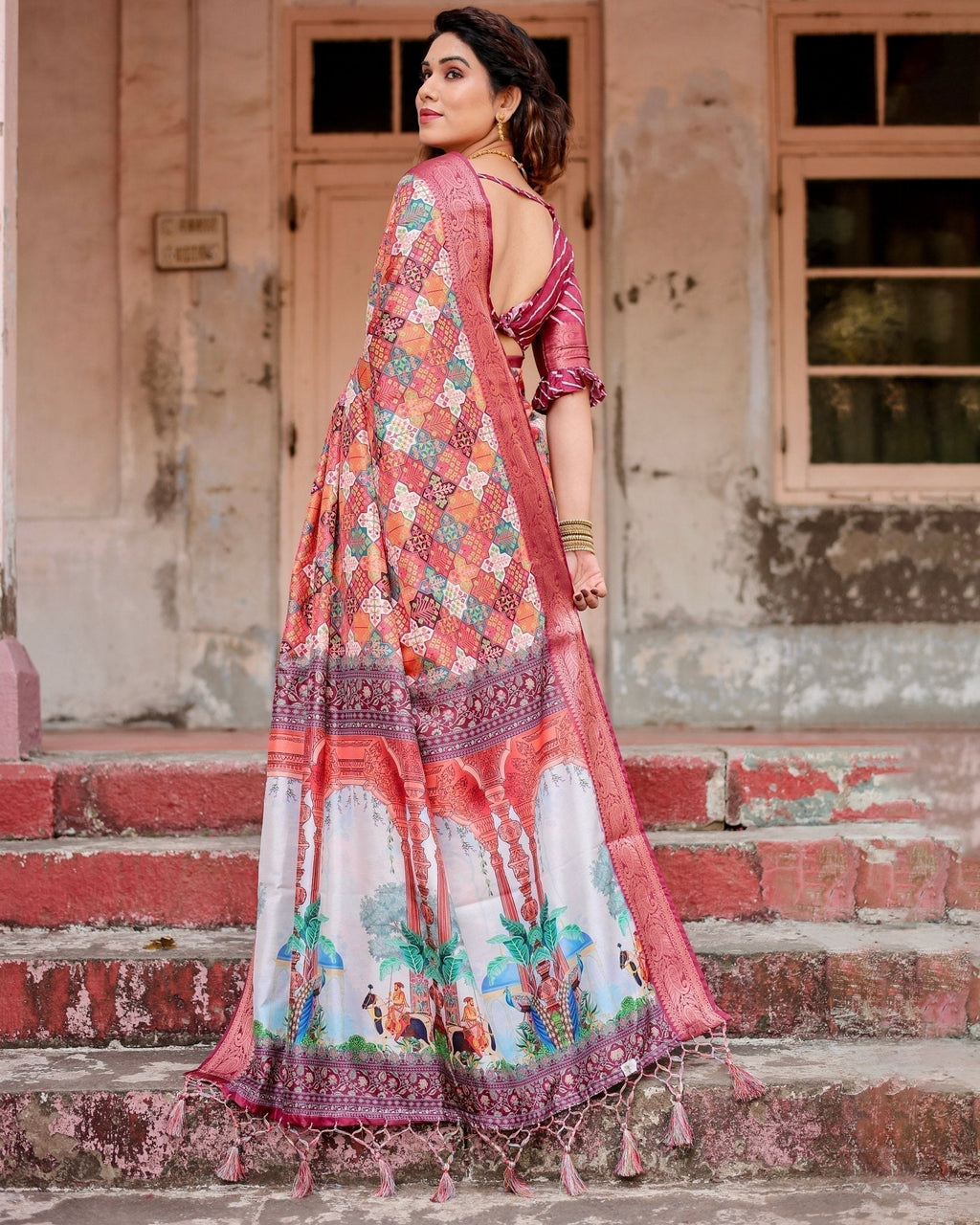 Maroon Tussar Silk Saree with Vibrant Geometric Tile Print and Zari Paisley Border DIGITAL PRINT