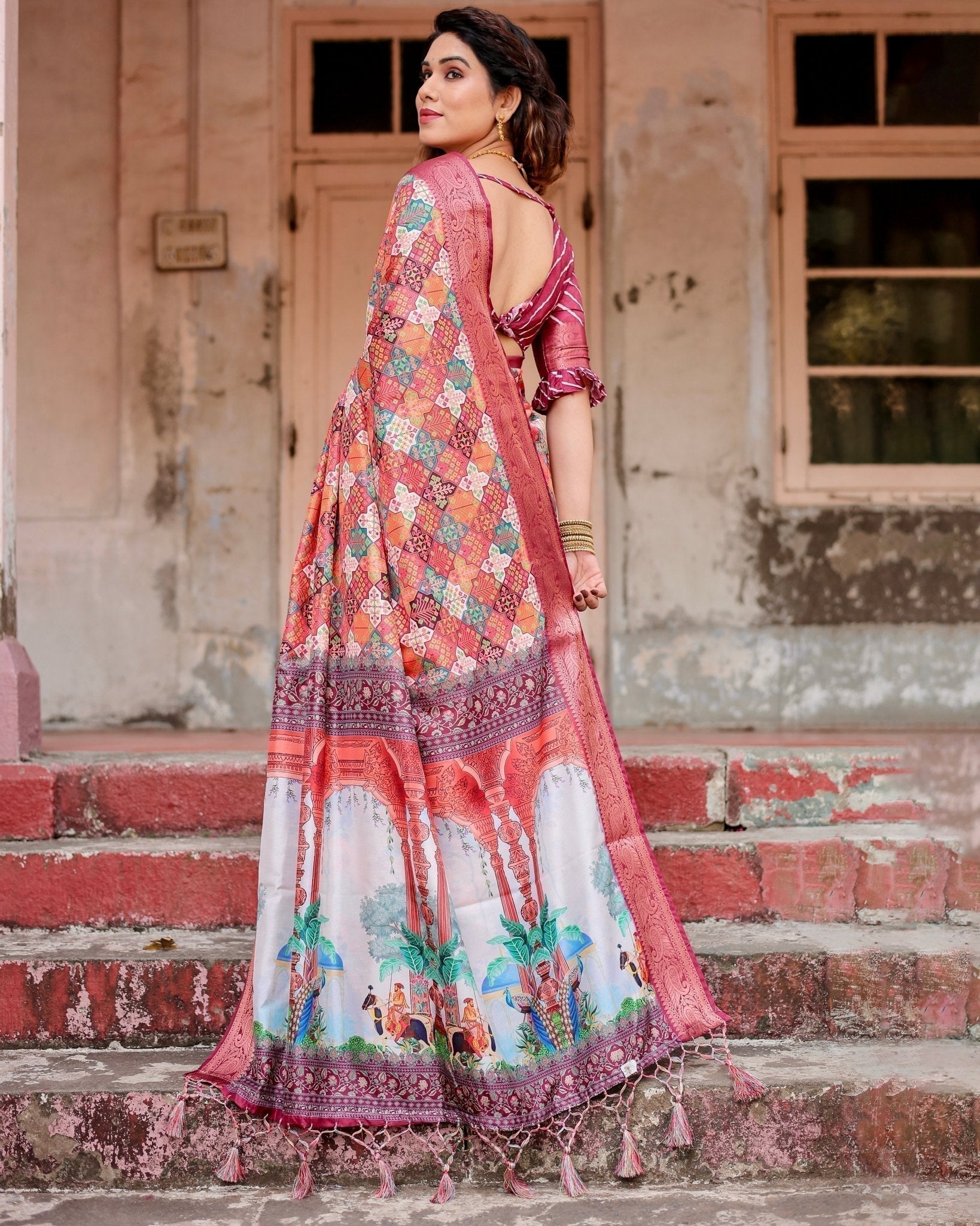 Maroon Tussar Silk Saree with Vibrant Geometric Tile Print and Zari Paisley Border DIGITAL PRINT