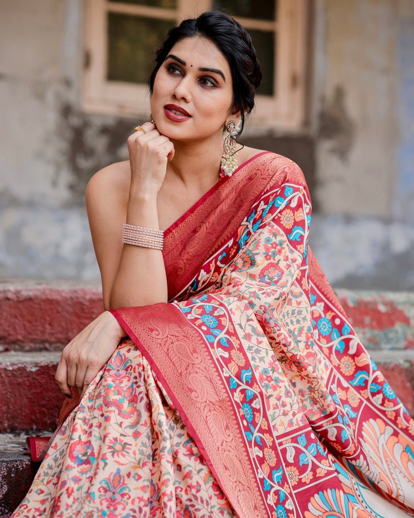 Beige and Coral Tussar Silk Saree with Intricate Floral Prints and Artistic Pallu DIGITAL PRINT