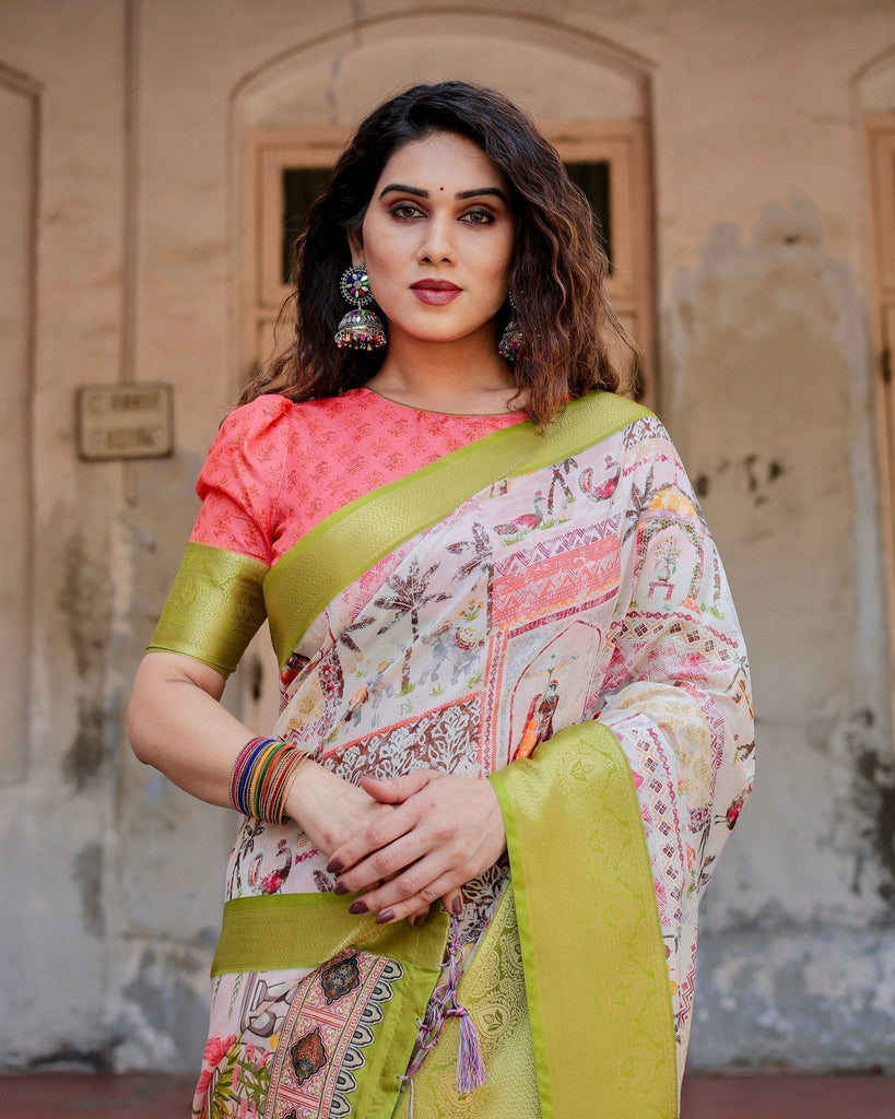 Pastel Tussar Silk Saree with Lime Green Zari Border and Hand-Painted Heritage Designs DIGITAL PRINT