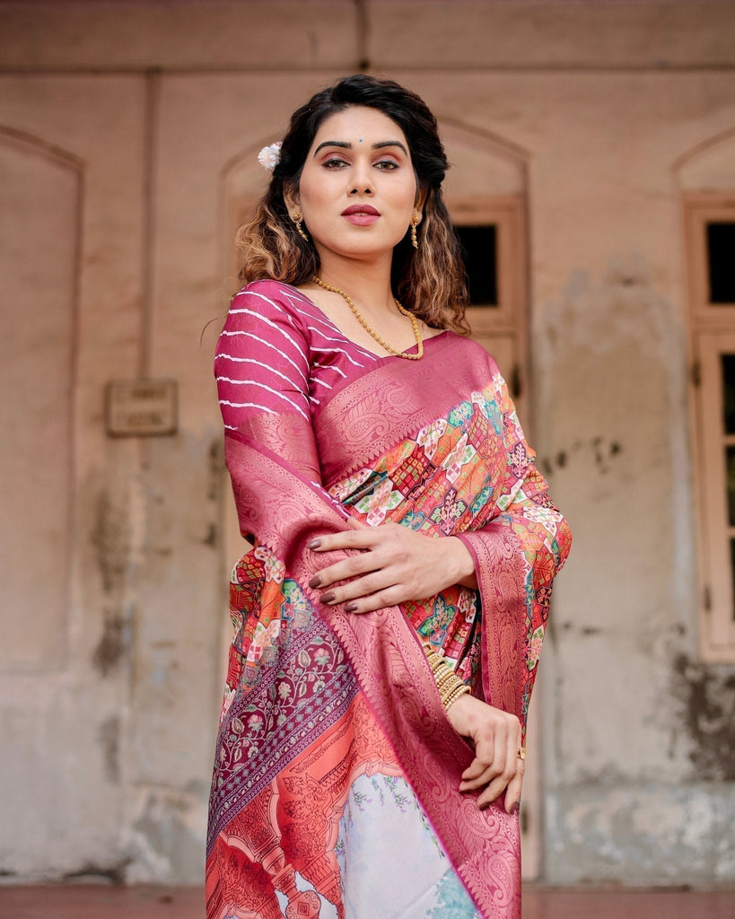 Maroon Tussar Silk Saree with Vibrant Geometric Tile Print and Zari Paisley Border DIGITAL PRINT