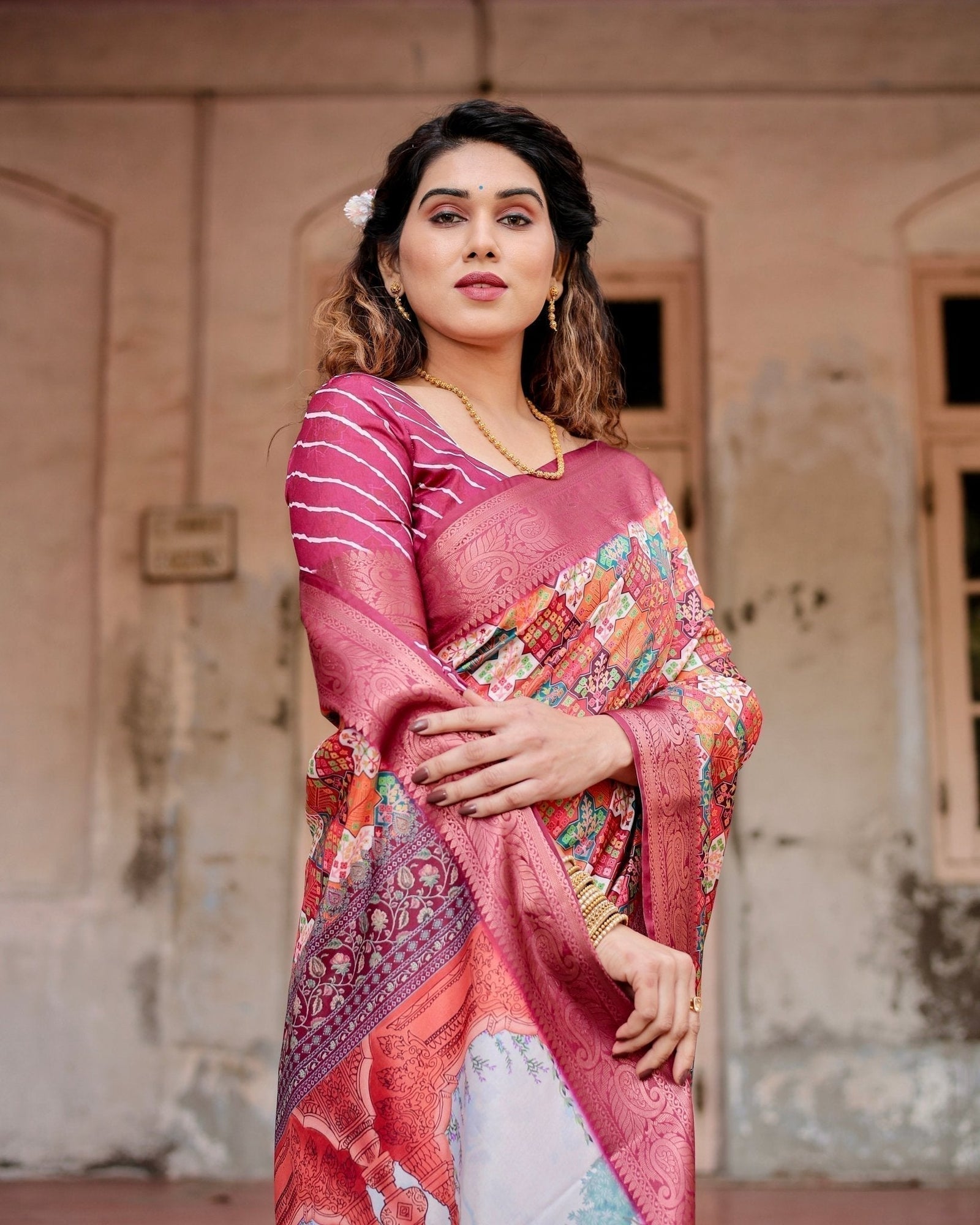 Maroon Tussar Silk Saree with Vibrant Geometric Tile Print and Zari Paisley Border DIGITAL PRINT