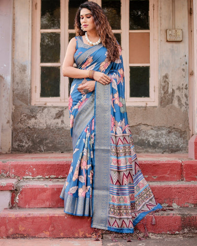 Sky Blue Tussar Silk Saree with Bold Floral Motifs and Chevron Pallu Design DIGITAL PRINT